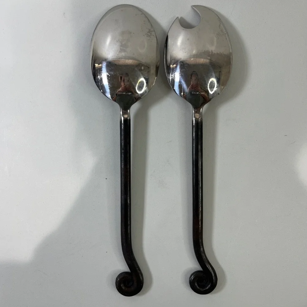 Vtg Pottery Barn Serving Silver Blackened Fiddlehead Stainless Scroll Utensils